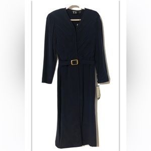 Vintage YL By Yair Long Sleeve Navy Dress, 100% Silk, Front and Back Slits, Sz 8
